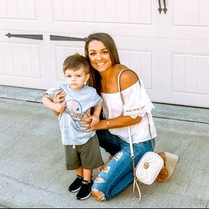 Express off-the-shoulder lace-detailed top.